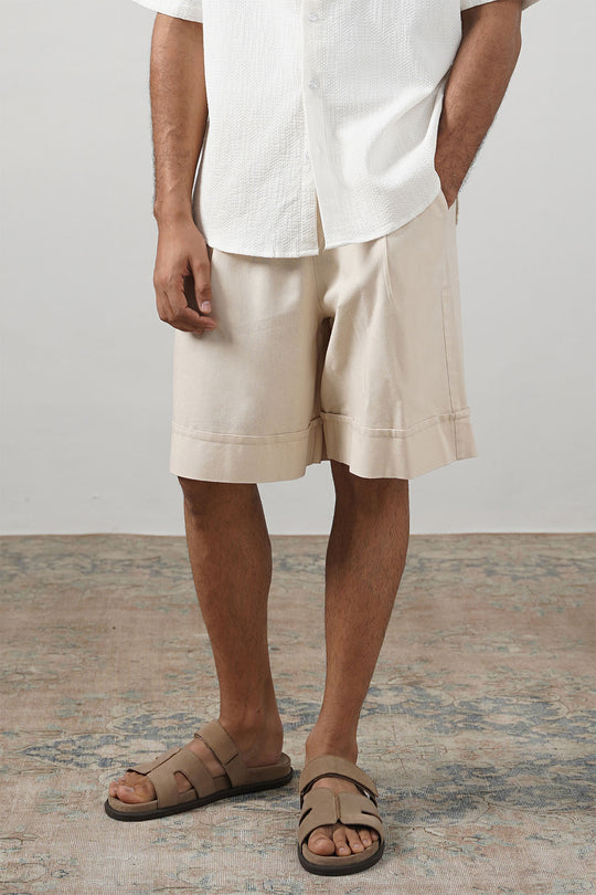 BEIGE LINEN BLEND SHORTS