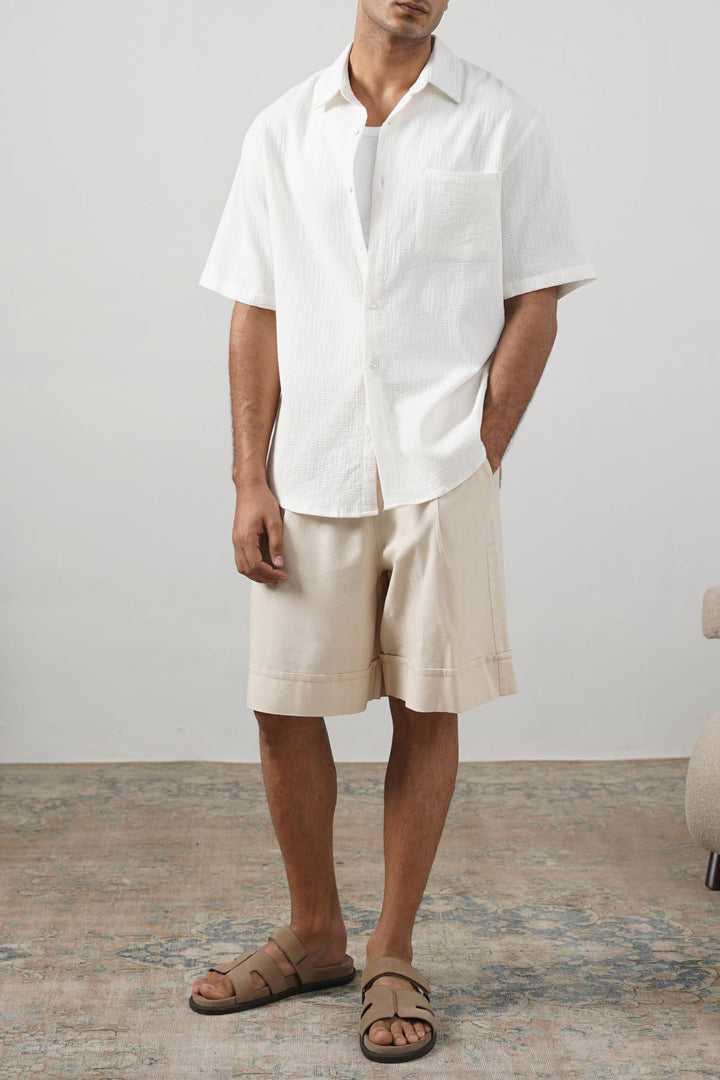 BEIGE LINEN BLEND SHORTS