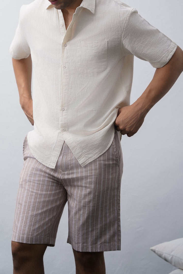 BEIGE STRIPED SHORTS WITH LINEN