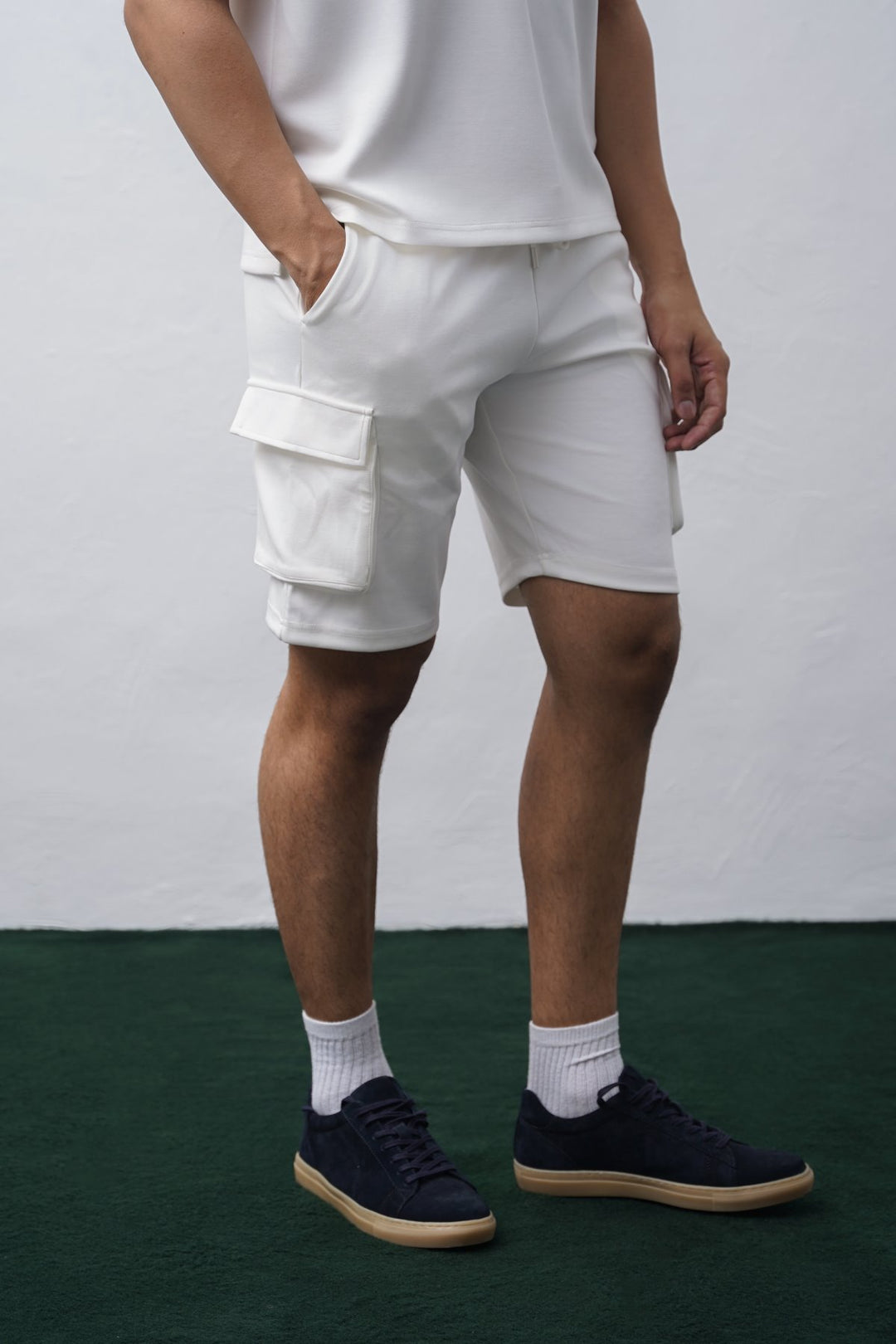 WHITE NEOPRENE CARGO SHORTS