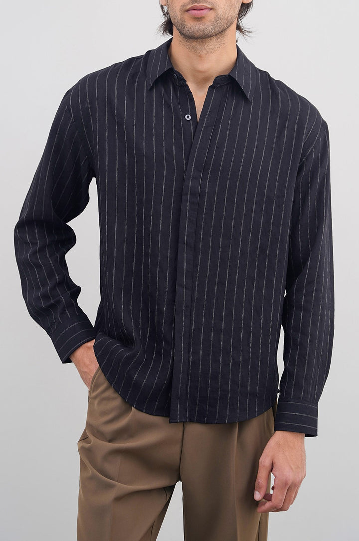 BLACK FLOWY PIN STRIPPED SHIRT