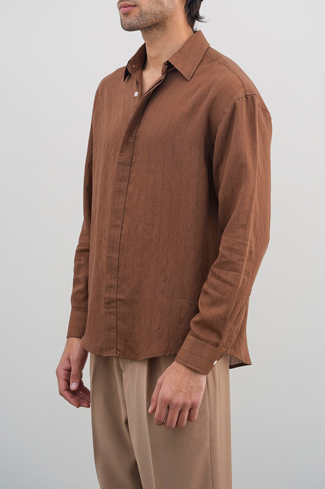 RUST FLOWY PIN STRIPPED SHIRT