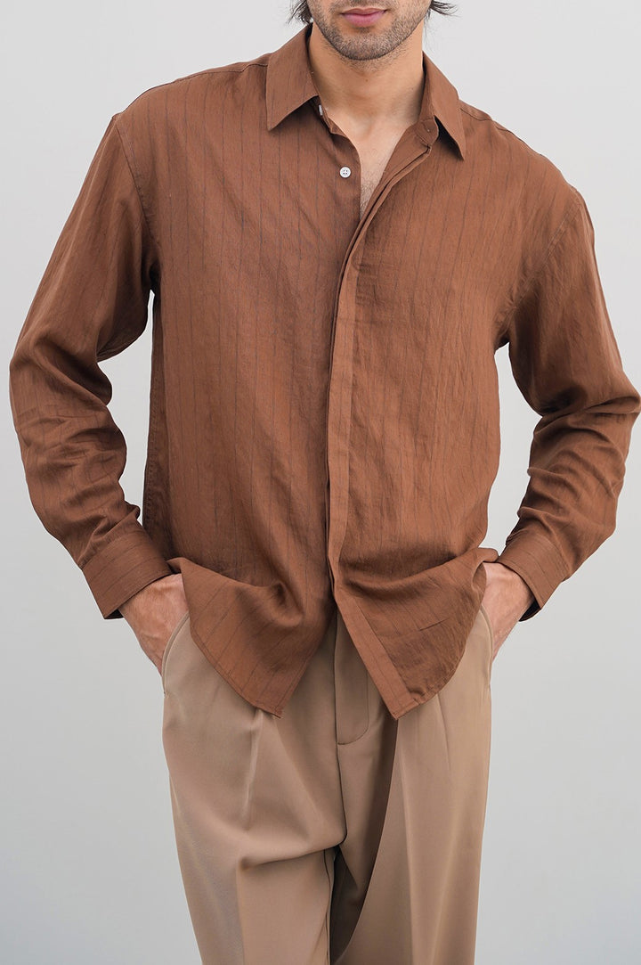 RUST FLOWY PIN STRIPPED SHIRT