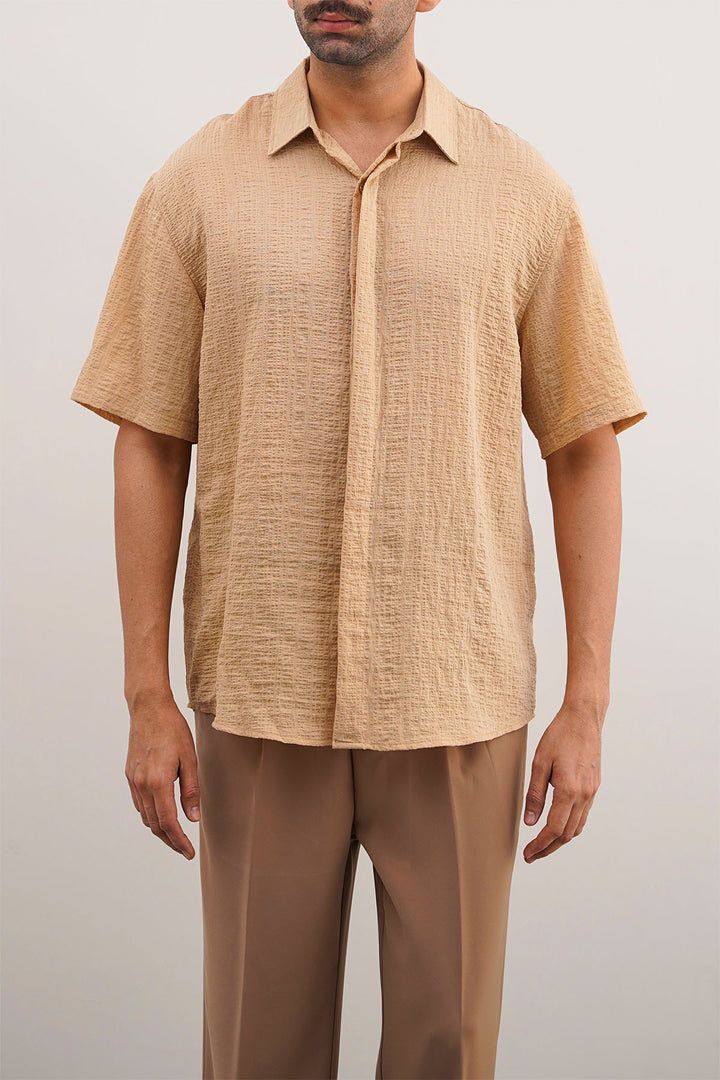 BEIGE SEERSUCKER HALFSLEEVES SHIRT