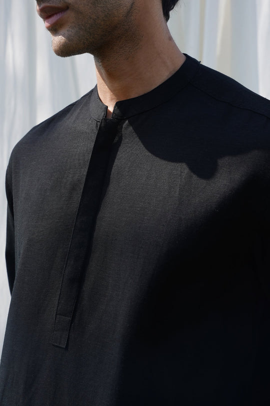 BLACK LINEN BLEND LONG SHIRT