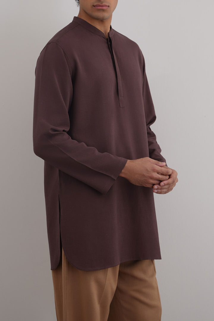COFFEE LINEN BLEND LONG SHIRT