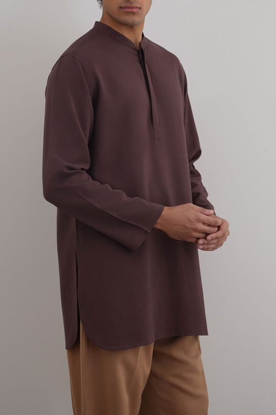 COFFEE LINEN BLEND LONG SHIRT