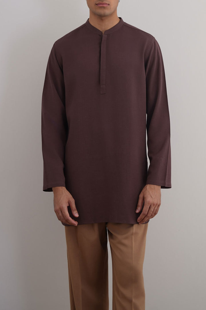 COFFEE LINEN BLEND LONG SHIRT