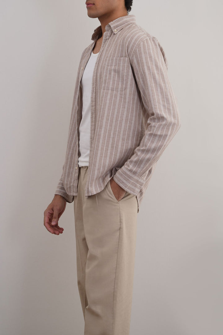 BEIGE LINEN-BLEND STRIPED SHIRT