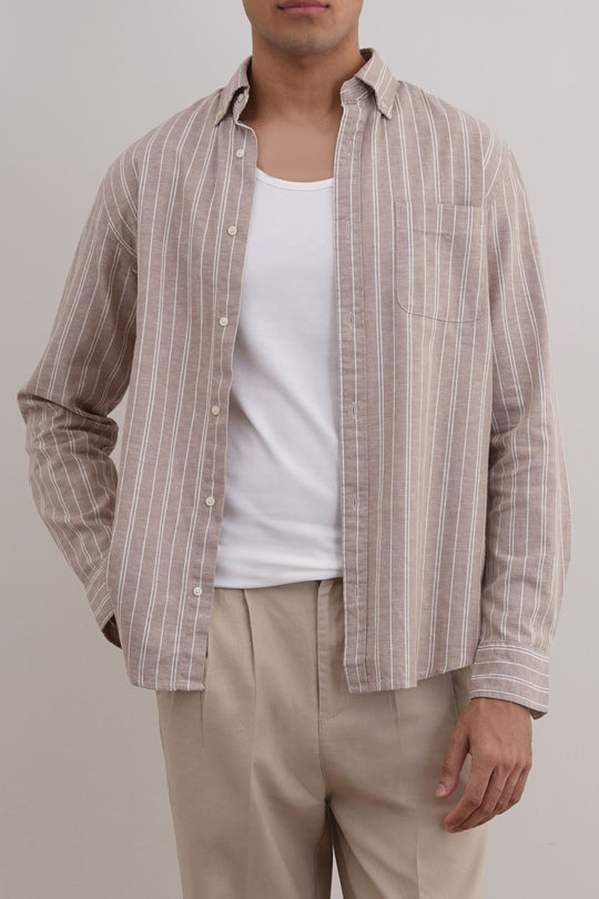 BEIGE LINEN-BLEND STRIPED SHIRT