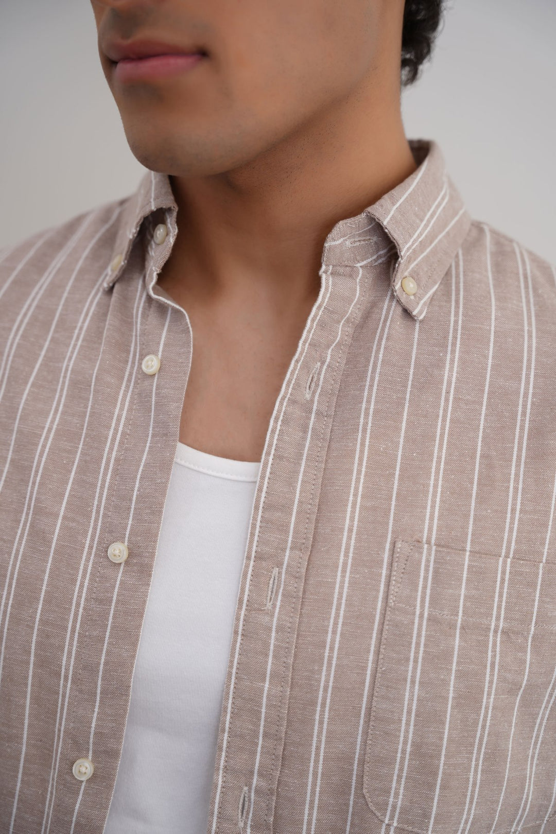 BEIGE LINEN-BLEND STRIPED SHIRT