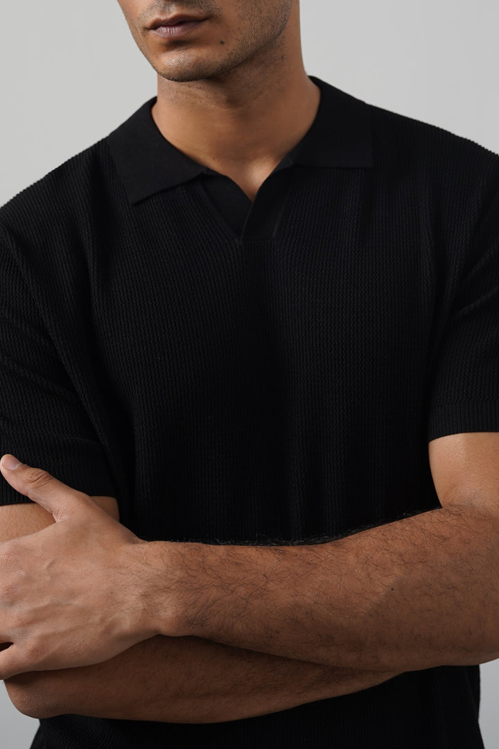 BLACK REFINED KNIT POLO