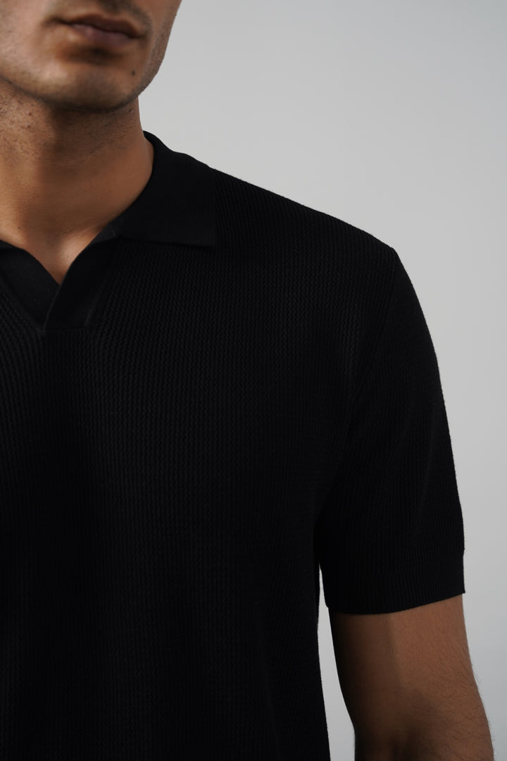 BLACK REFINED KNIT POLO