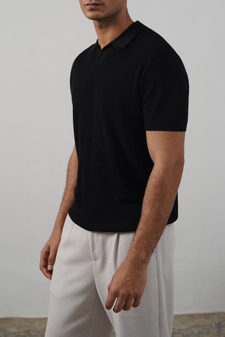 BLACK REFINED KNIT POLO