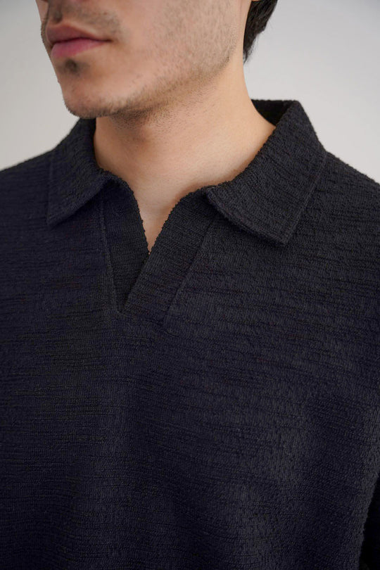 BLACK BOUCLE-KNIT POLO