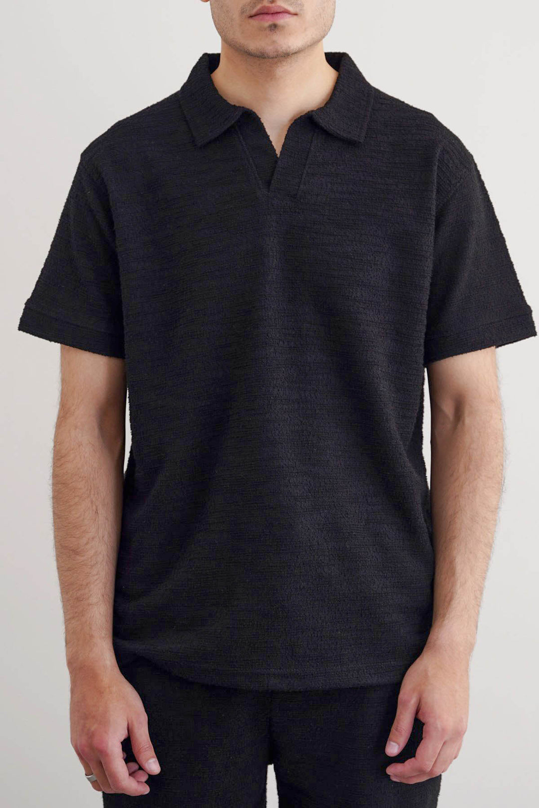 BLACK BOUCLE-KNIT POLO