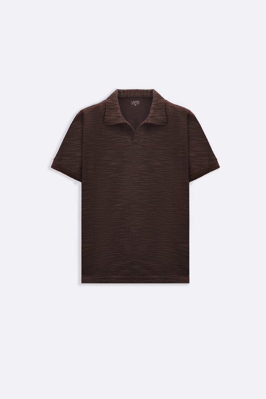 DARK BROWN BOUCLE-KNIT POLO
