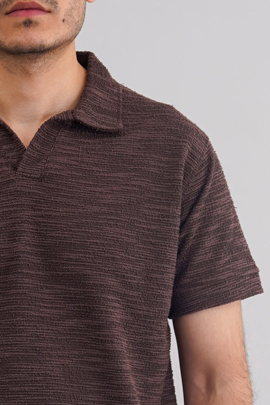DARK BROWN BOUCLE-KNIT POLO