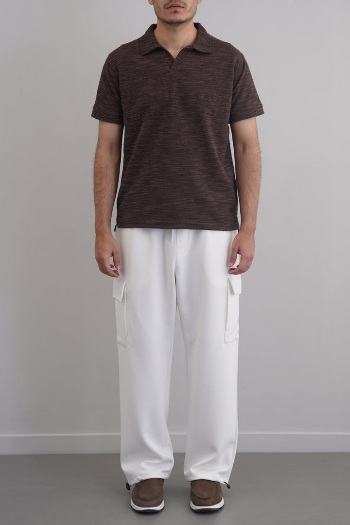 DARK BROWN BOUCLE-KNIT POLO