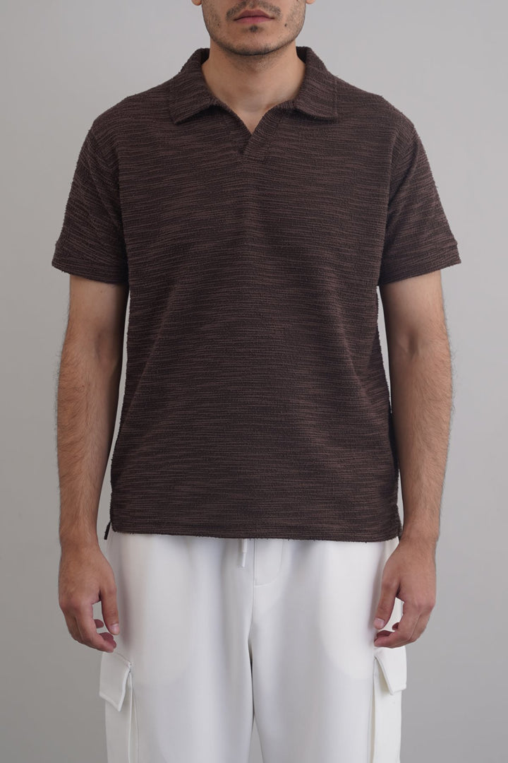 DARK BROWN BOUCLE-KNIT POLO