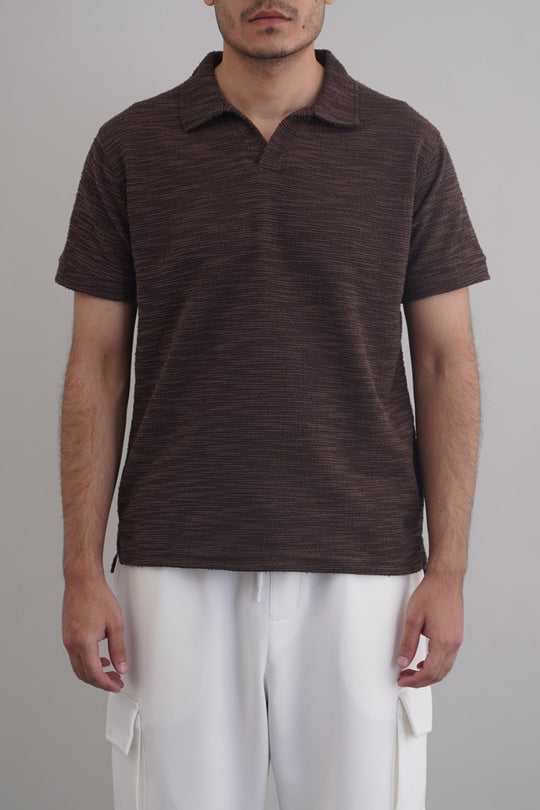 DARK BROWN BOUCLE-KNIT POLO