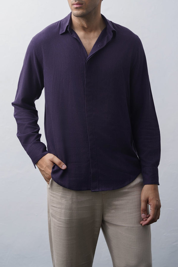 MELANGE NAVY SHIRT WITH HIDDEN PLACKET