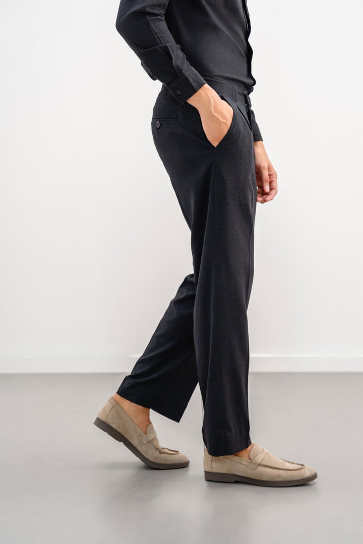 BLACK LINEN PLEATED TROUSERS