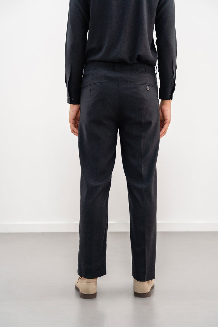 BLACK LINEN PLEATED TROUSERS