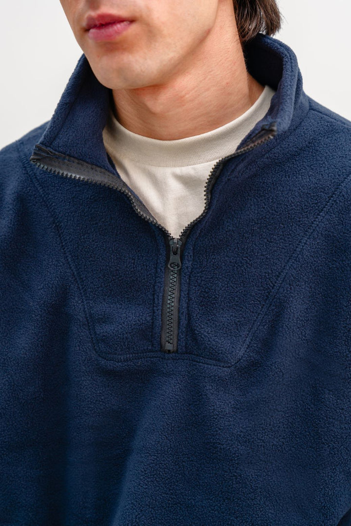 NAVY PLUSH PULL-OVER WITH SHORT ZIPPER