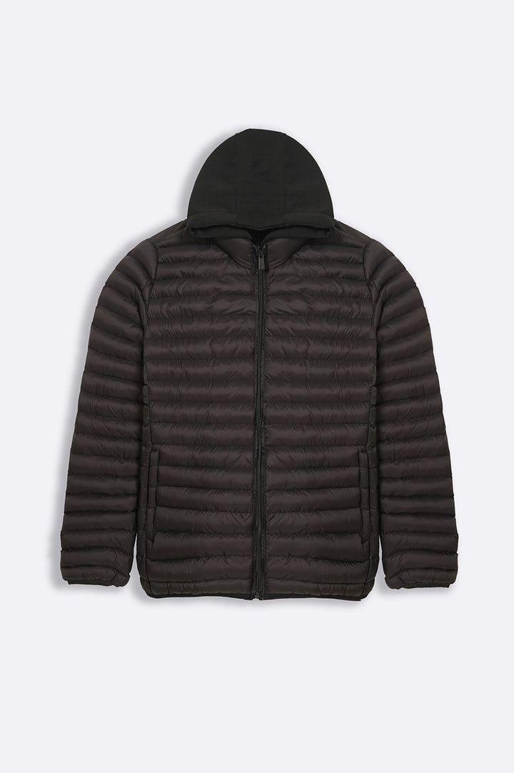 BLACK HOODED DOUBLE ZIP PUFFER