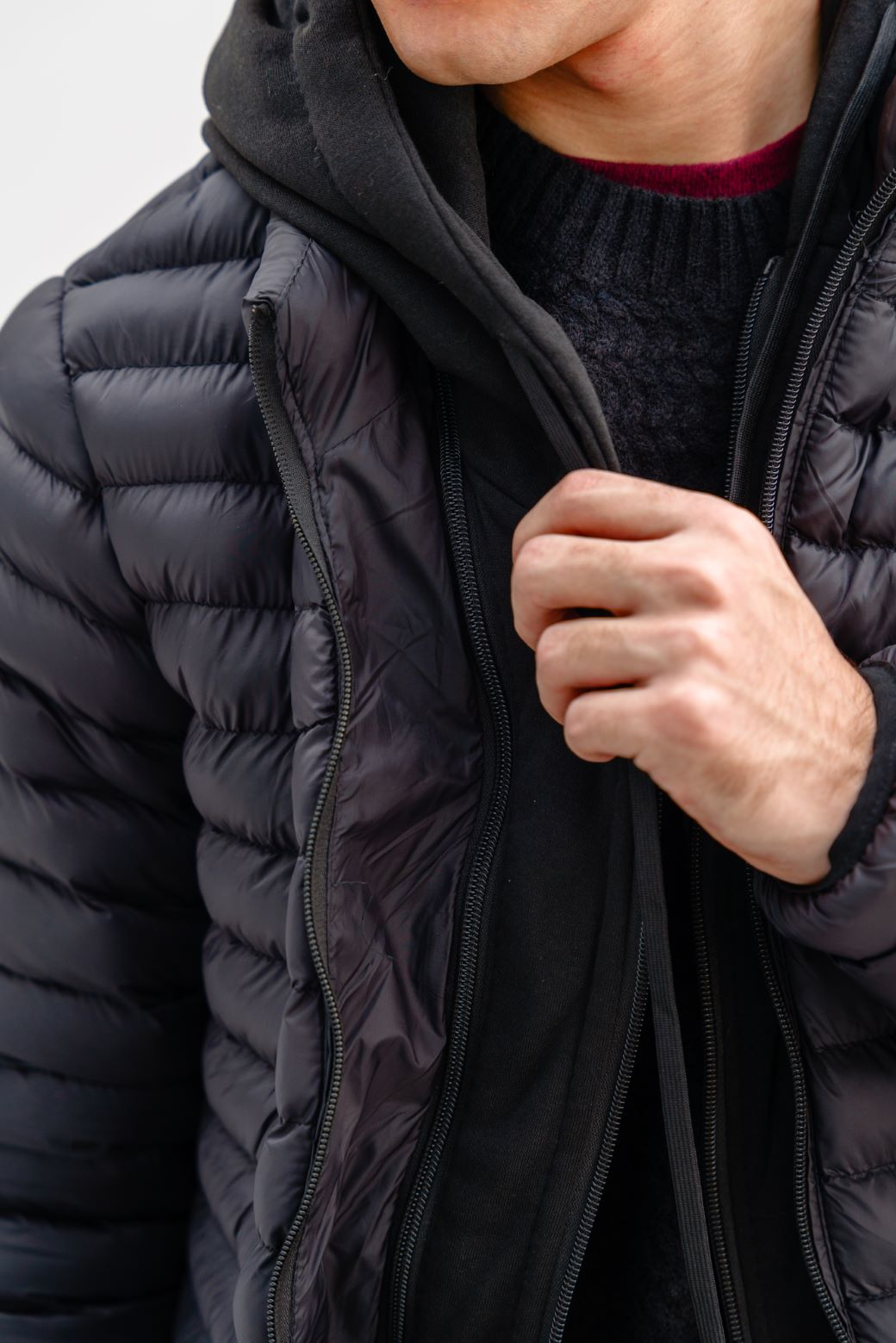 BLACK HOODED DOUBLE ZIP PUFFER