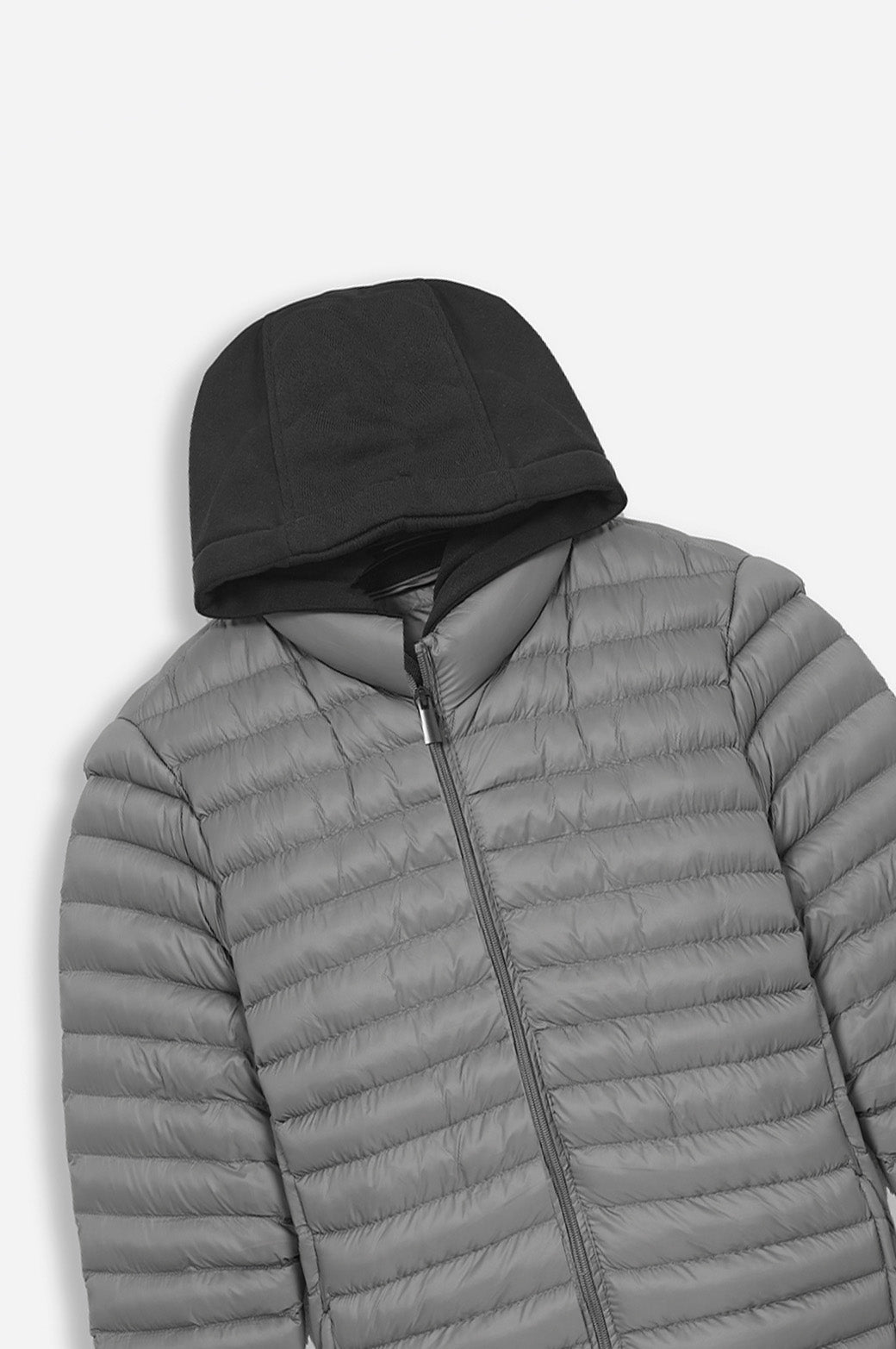 DARK GREY HOODED DOUBLE ZIP PUFFER