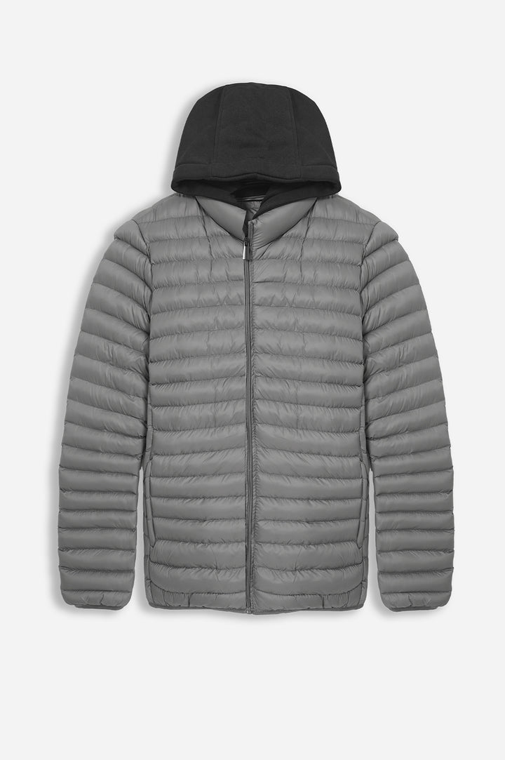 DARK GREY HOODED DOUBLE ZIP PUFFER