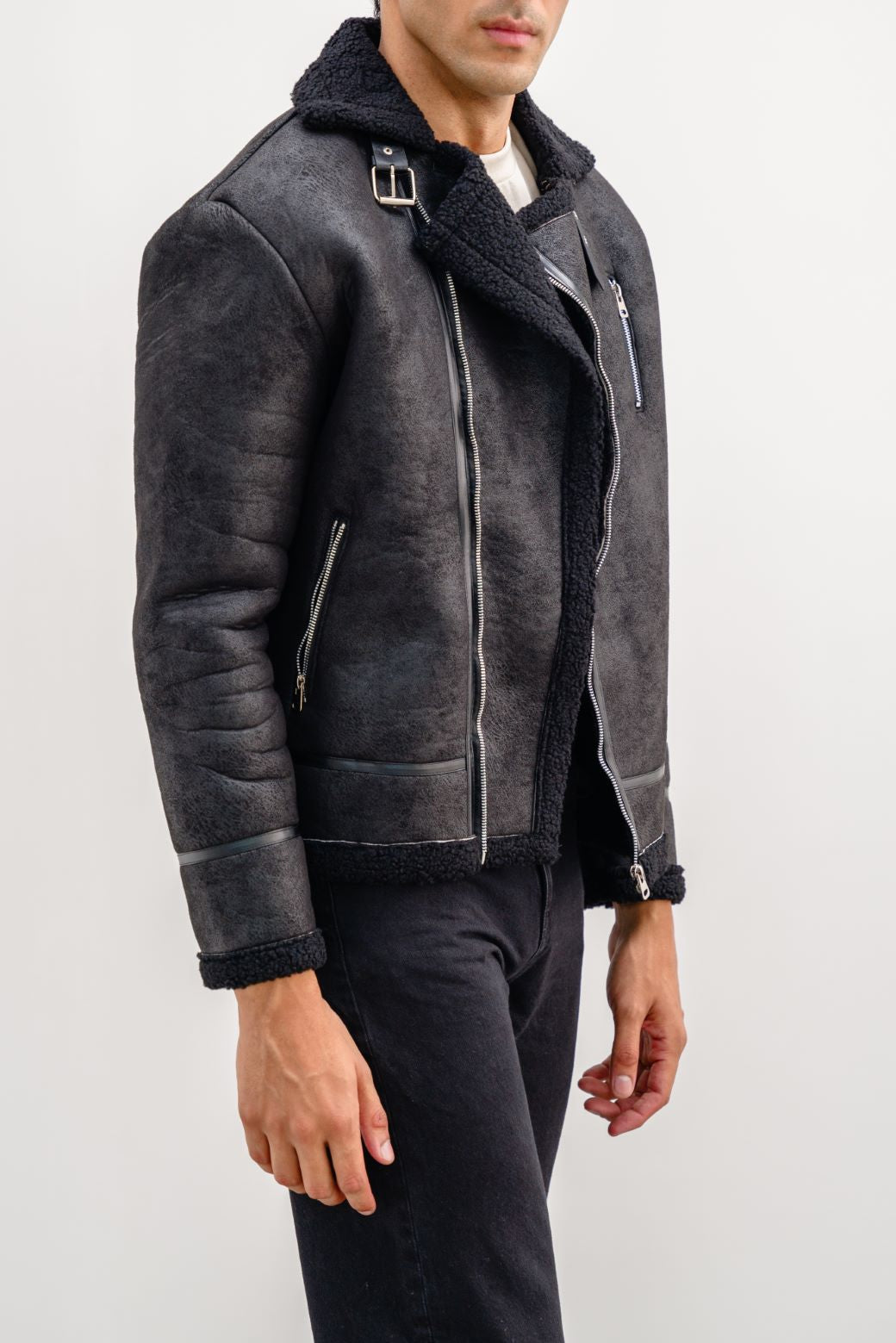 Black suede shearling jacket online