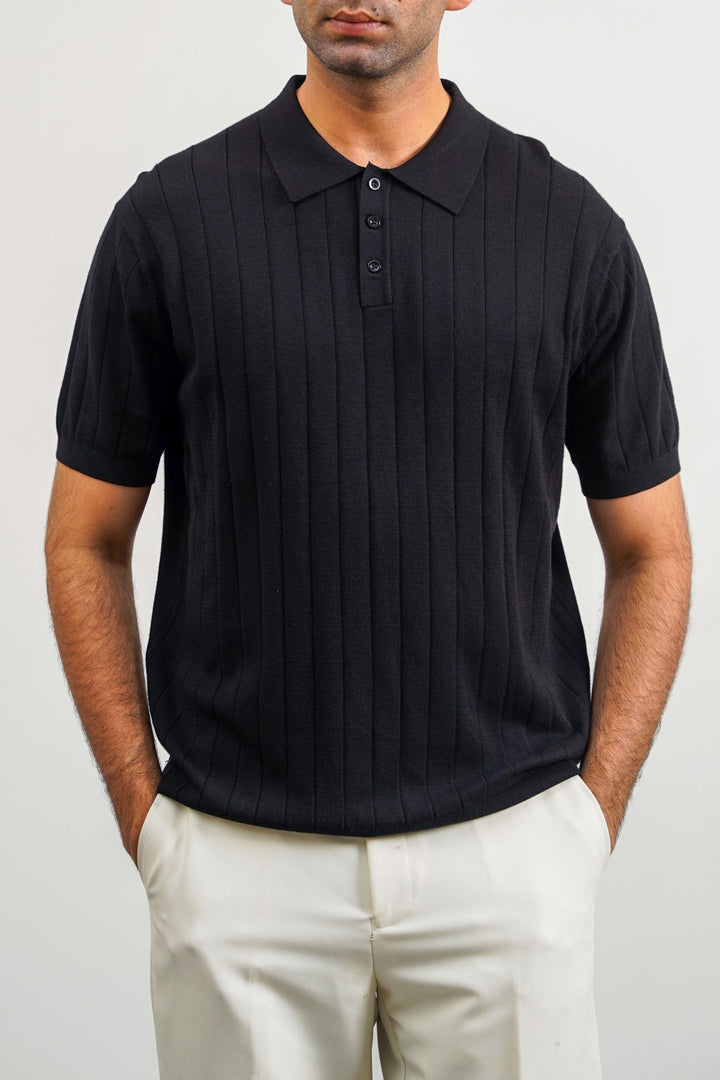 BLACK RIBBED KNIT POLO SHIRT