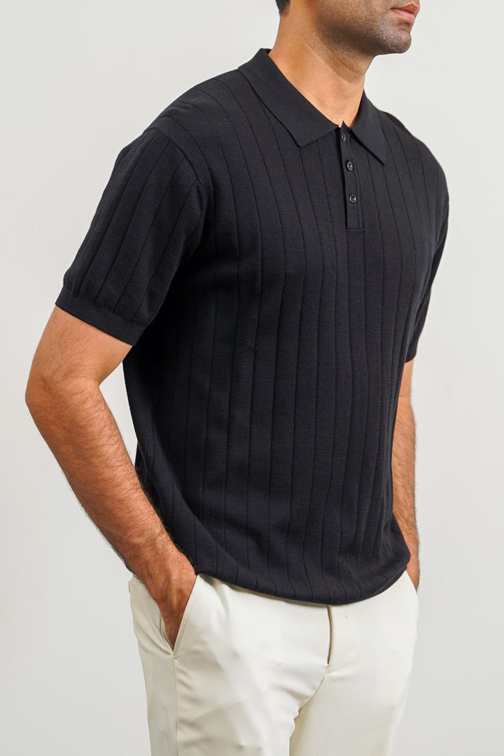 BLACK RIBBED KNIT POLO SHIRT