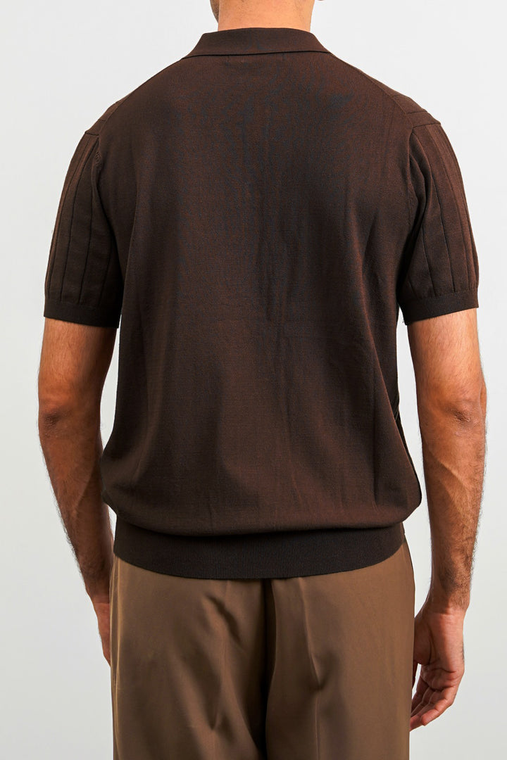 DARK BROWN RIBBED KNIT POLO SHIRT