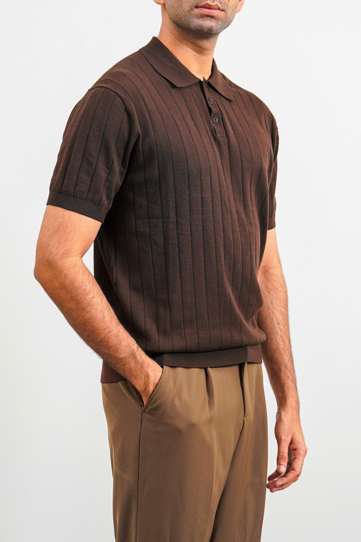 DARK BROWN RIBBED KNIT POLO SHIRT