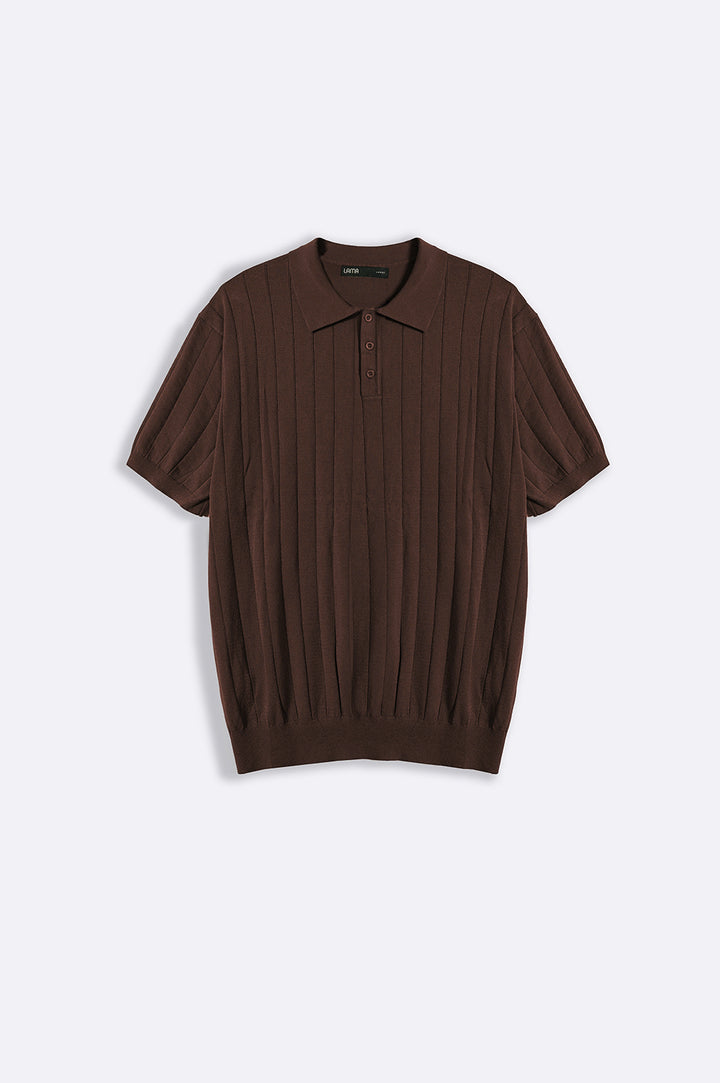 DARK BROWN RIBBED KNIT POLO SHIRT