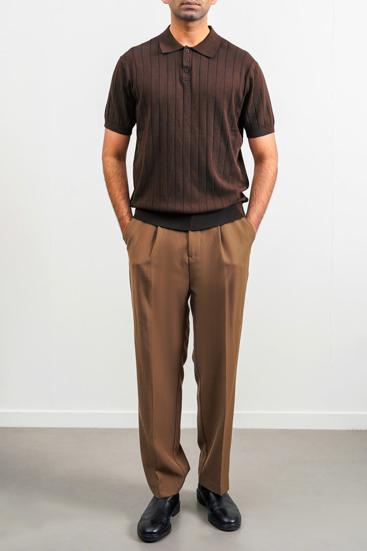 DARK BROWN RIBBED KNIT POLO SHIRT