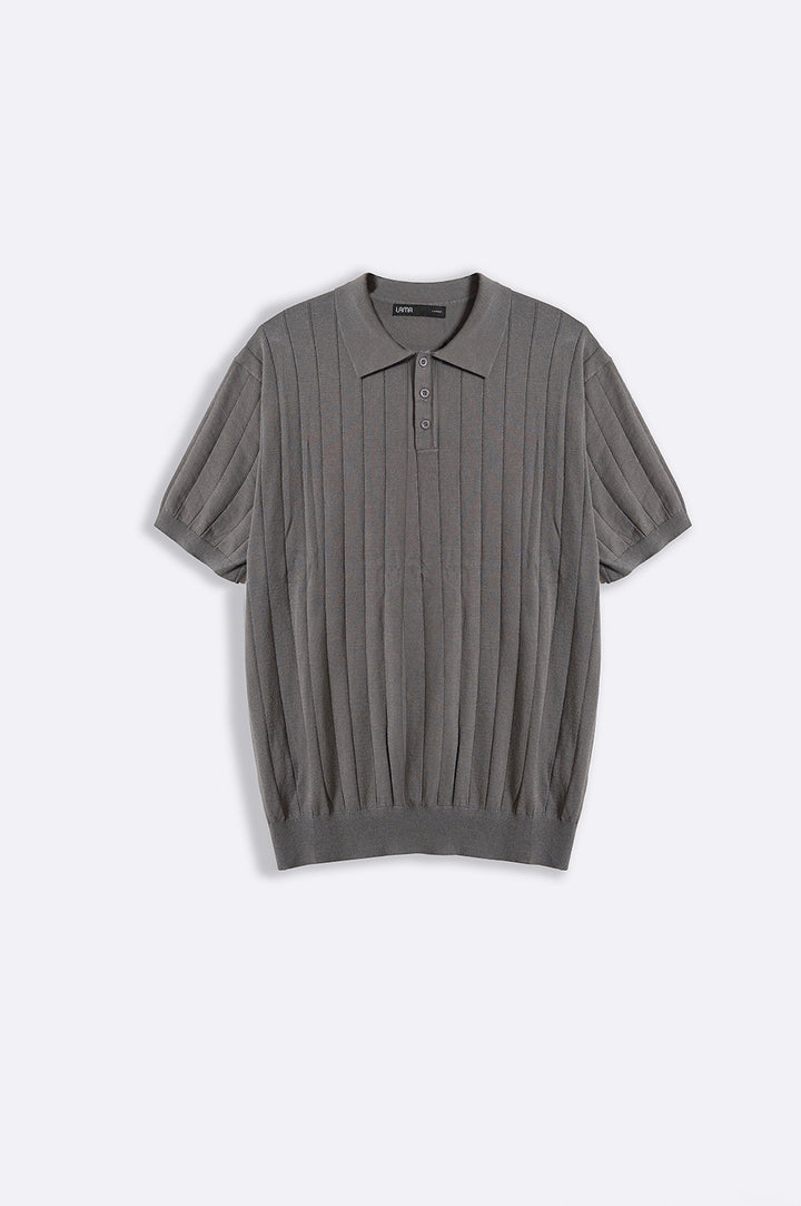 GREY RIBBED KNIT POLO SHIRT