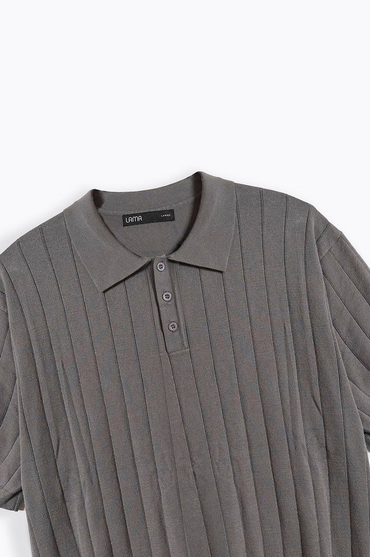 GREY RIBBED KNIT POLO SHIRT