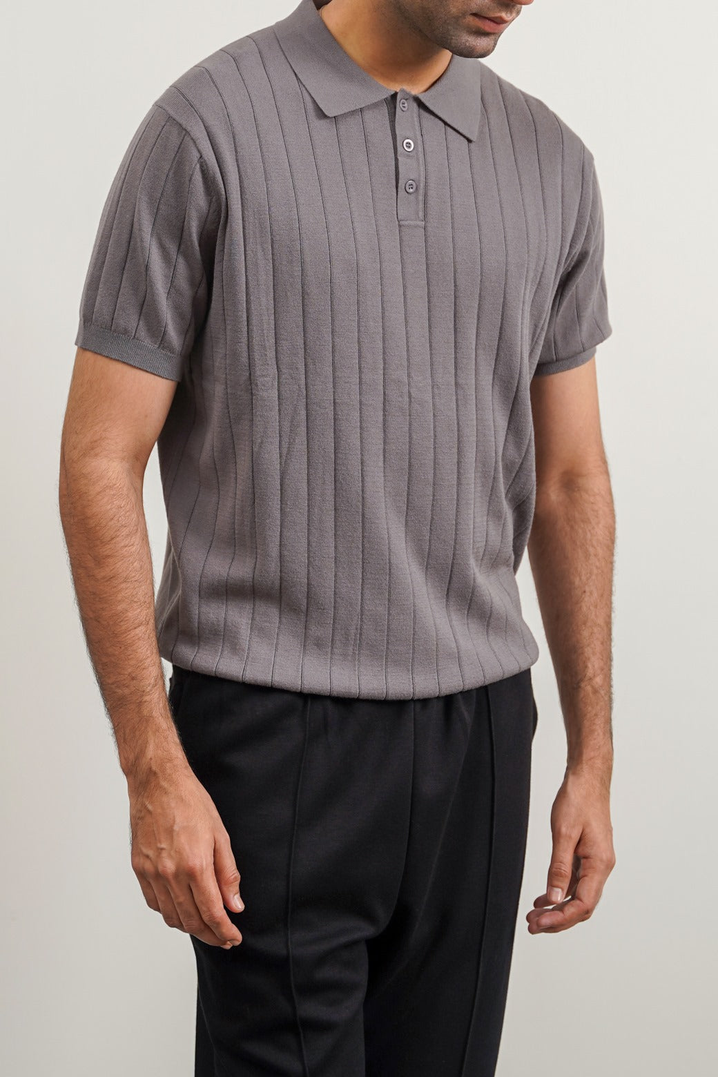 GREY RIBBED KNIT POLO SHIRT