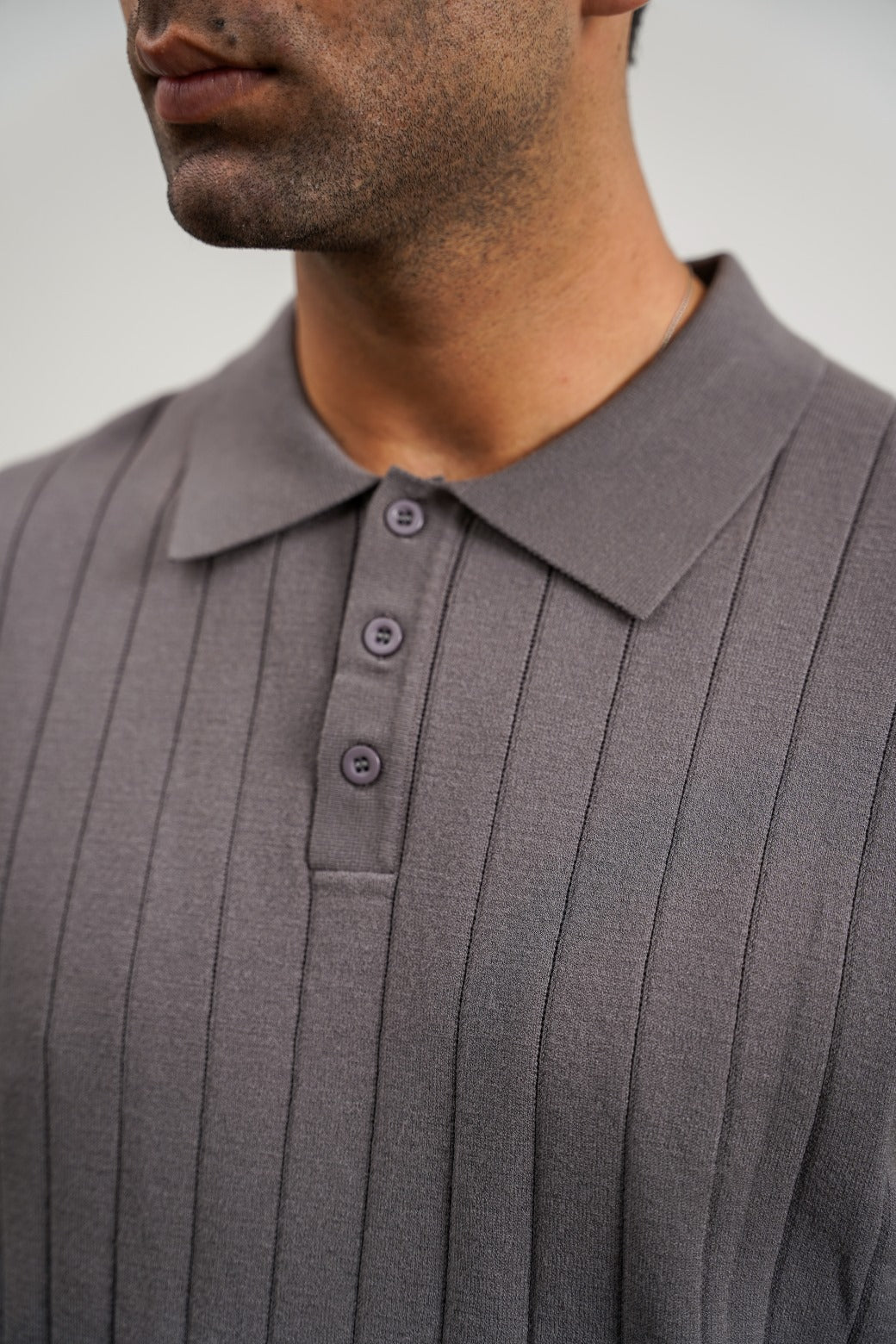 GREY RIBBED KNIT POLO SHIRT