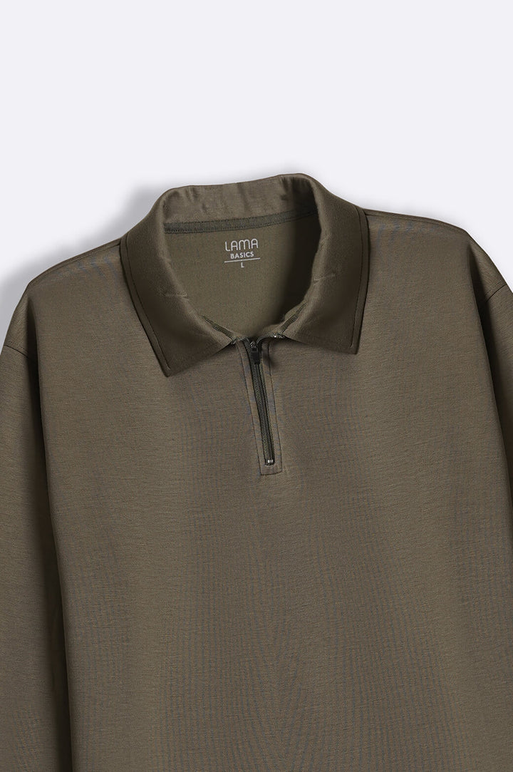 OLIVE NEOPRENE ZIPPER POLO