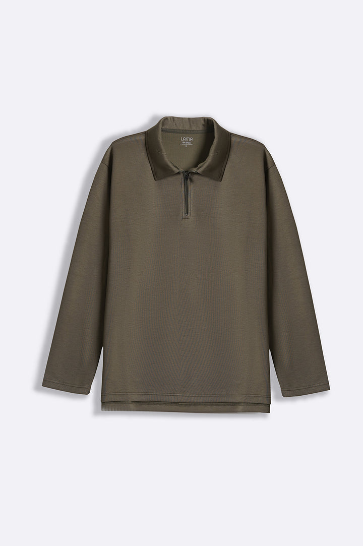 OLIVE NEOPRENE ZIPPER POLO