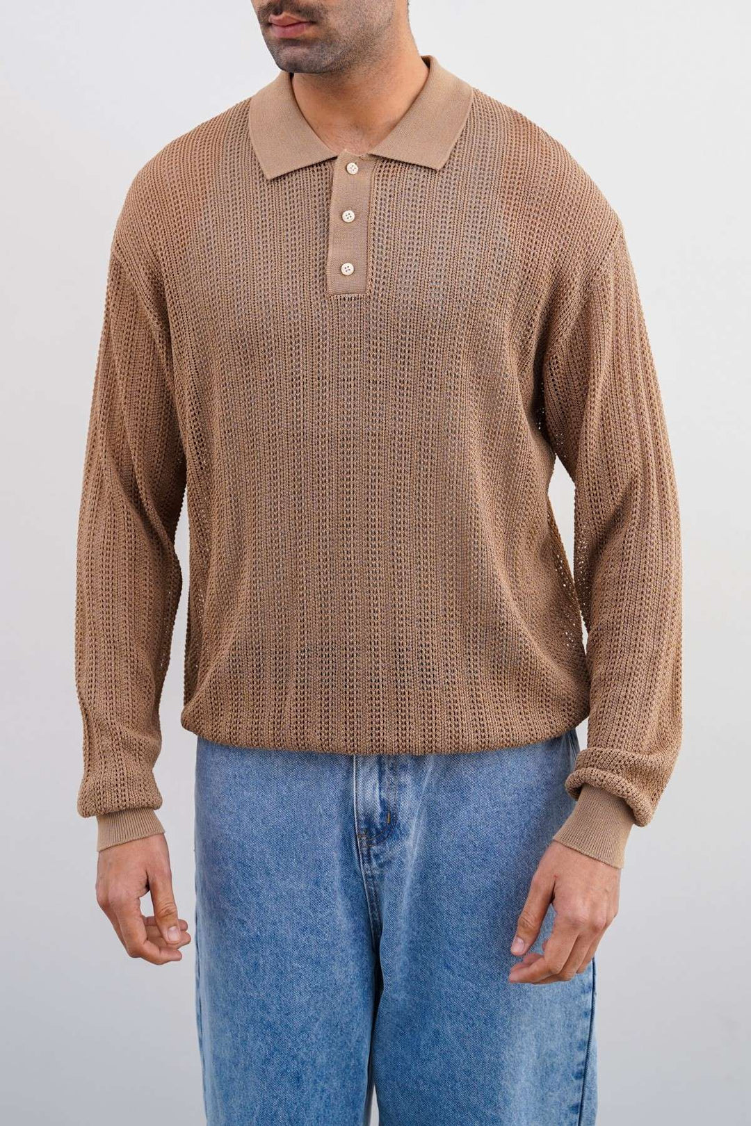 BEIGE CROCHET KNIT POLO