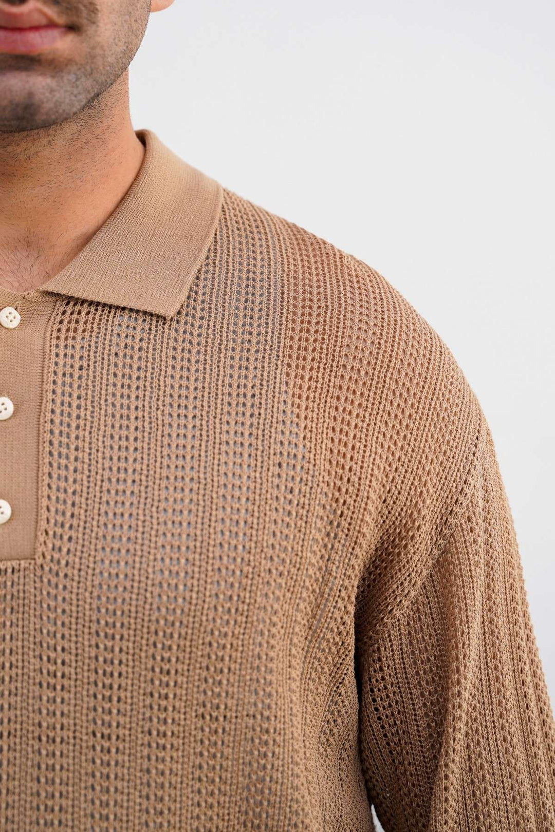 BEIGE CROCHET KNIT POLO