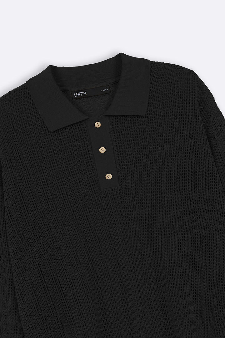 BLACK CROCHET KNIT POLO