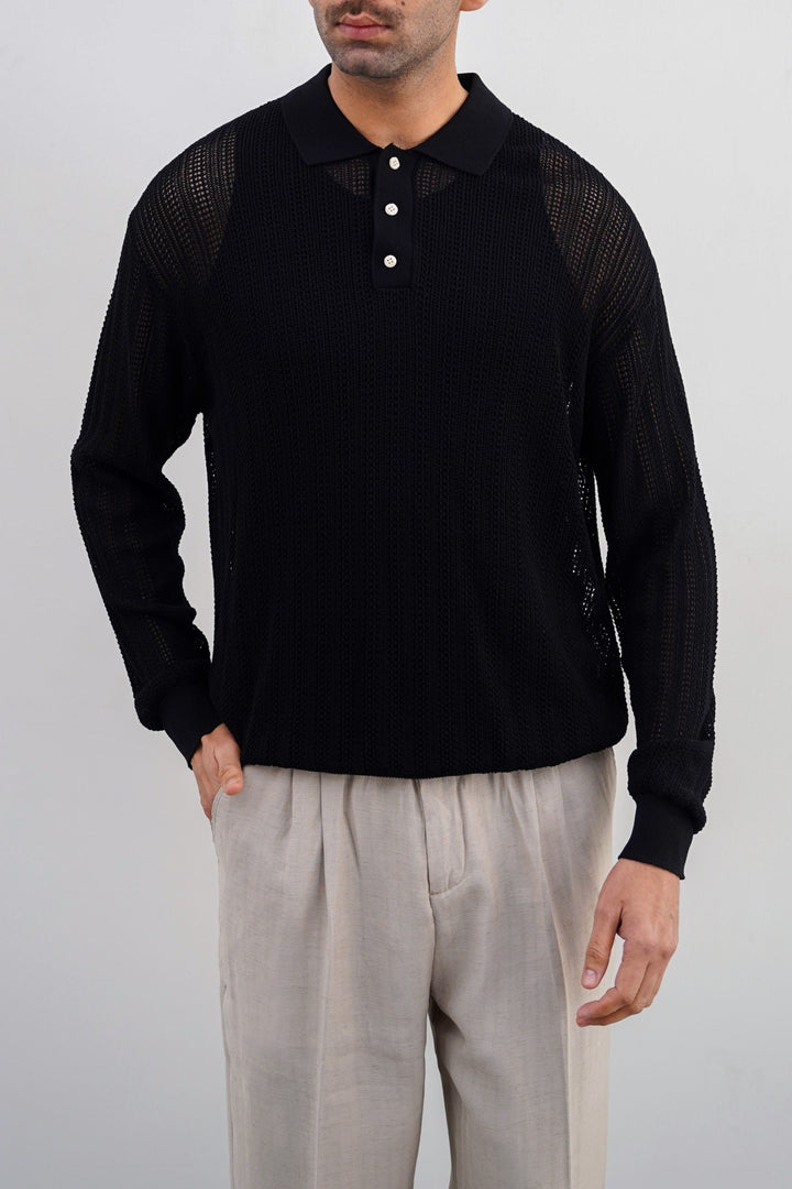 BLACK CROCHET KNIT POLO